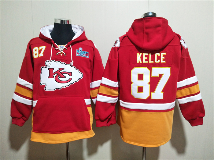 Kansas City Chiefs #87 Travis Kelce Super Bowl LVIII Patch Hoodies Red Lace-Up Pullover Hoodie->->